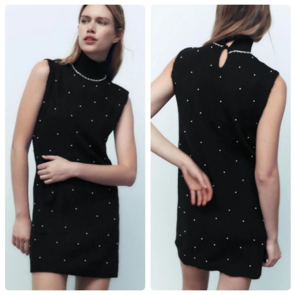 Zara Pearl Trim Knit Sweater Mini Dress Size Large Blogger's Fav - Picture 1 of 13